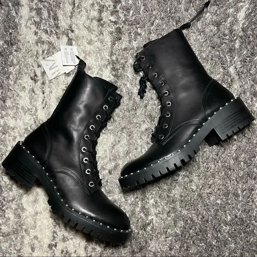 NWT Zara Studded Leather Lace Up Boots